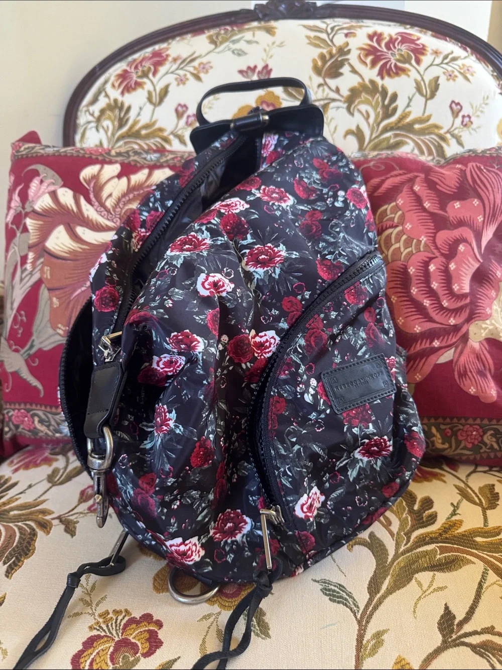 Rebecca Minkoff Floral Black & Red Sling Backpack - Casual Everyday Bag